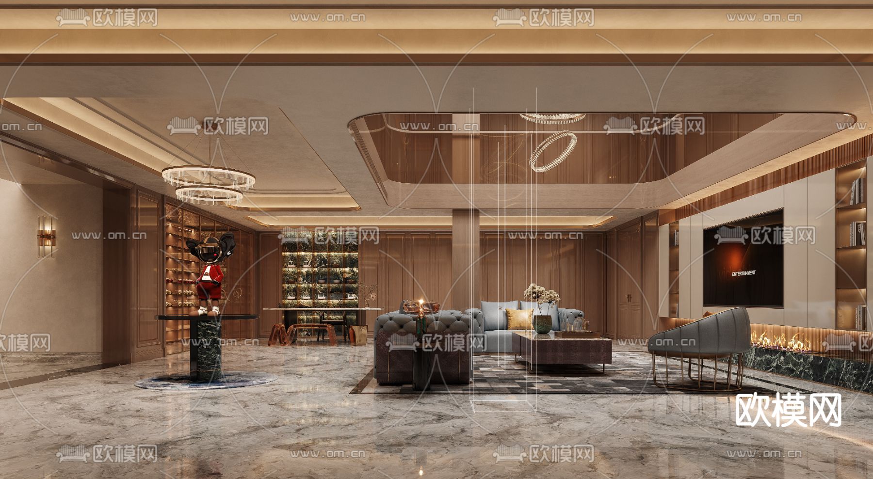 轻奢别墅客厅 别墅大堂3d模型下载（渲染图2）