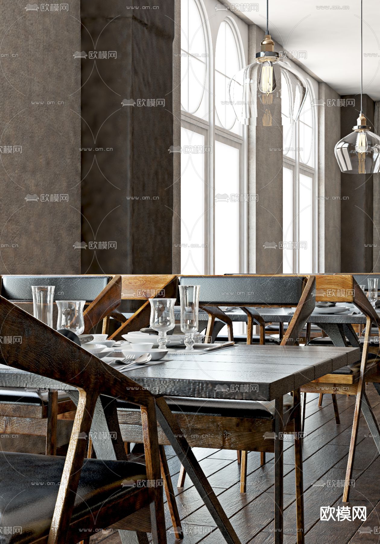现代餐桌椅 条形桌椅3d模型下载（渲染图3）
