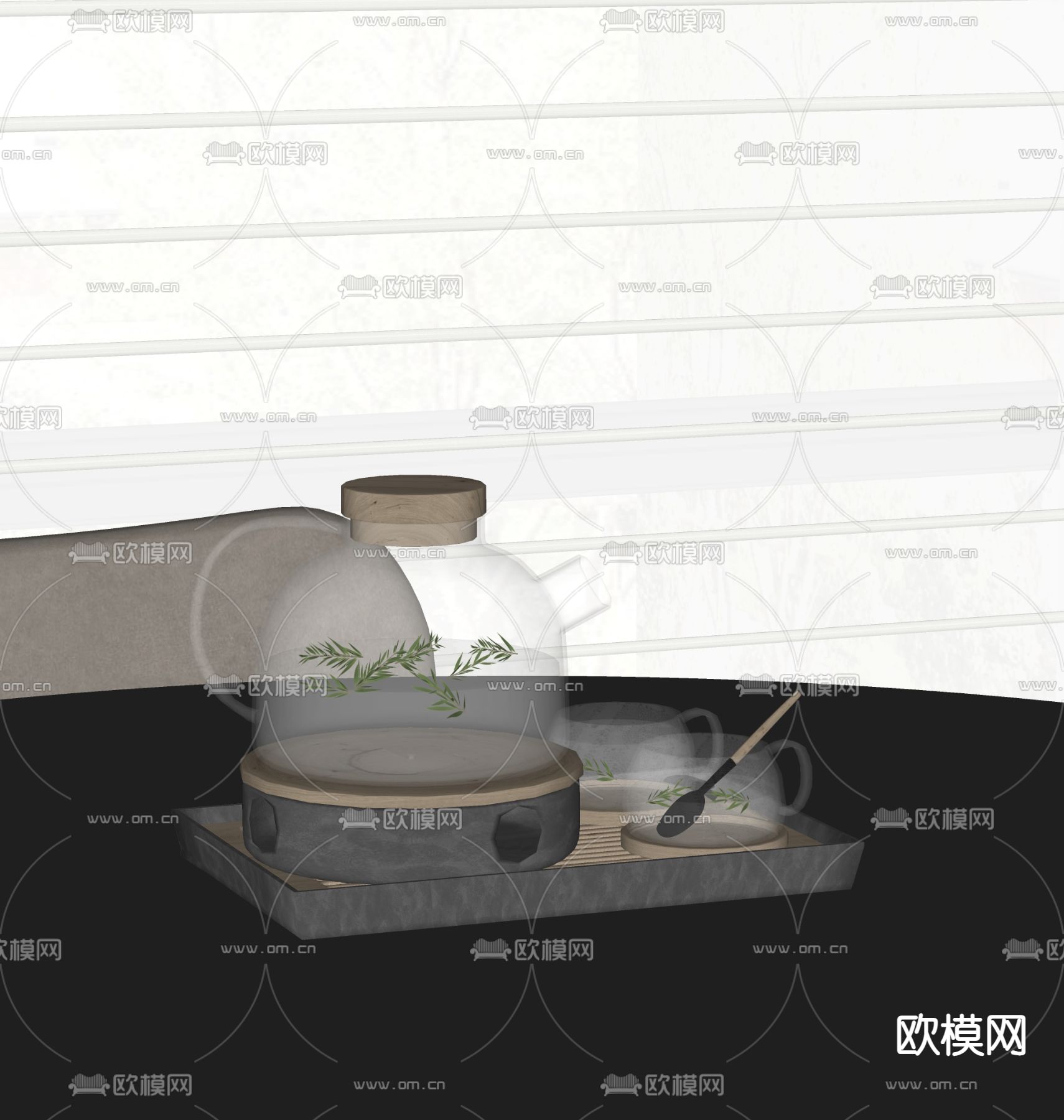 现代茶壶 茶具 茶杯su模型下载（渲染图1）