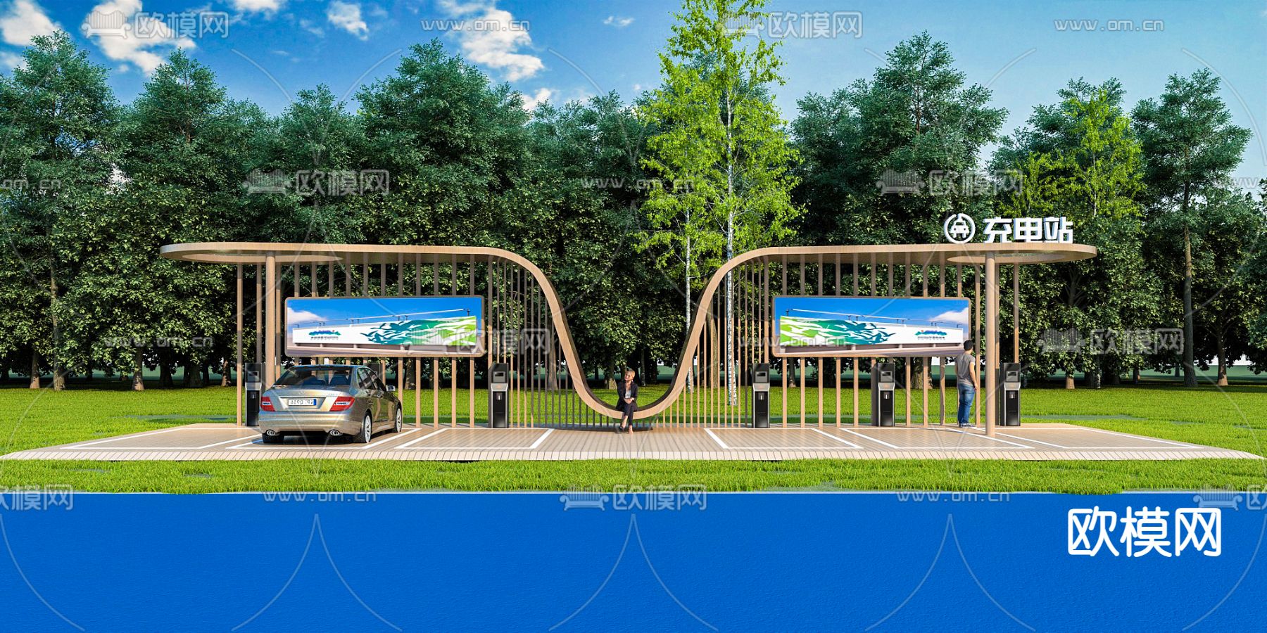 现代充电站 凉亭 充电桩3d模型下载（渲染图1）