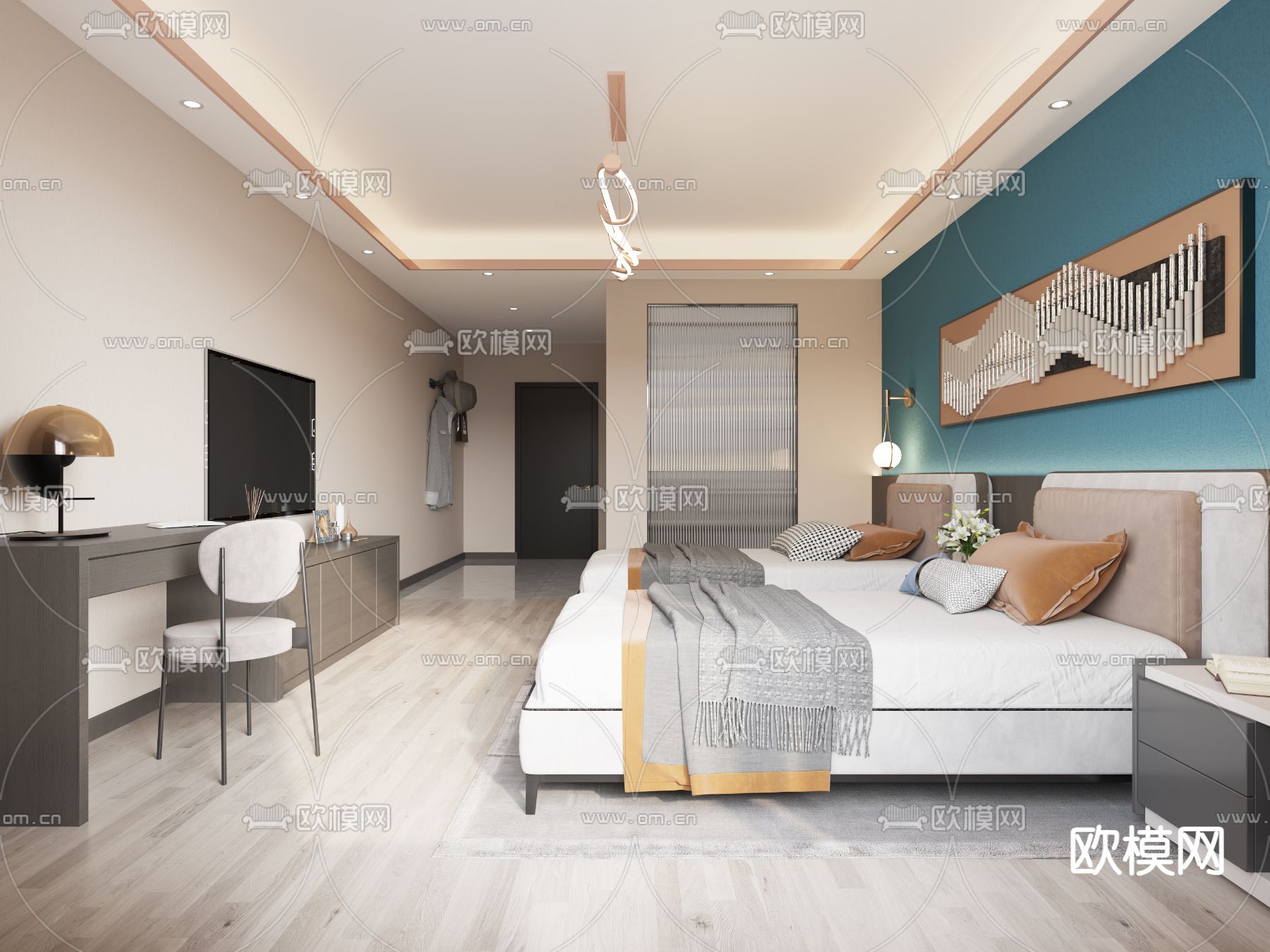 酒店客房 双床房3d模型下载（渲染图2）