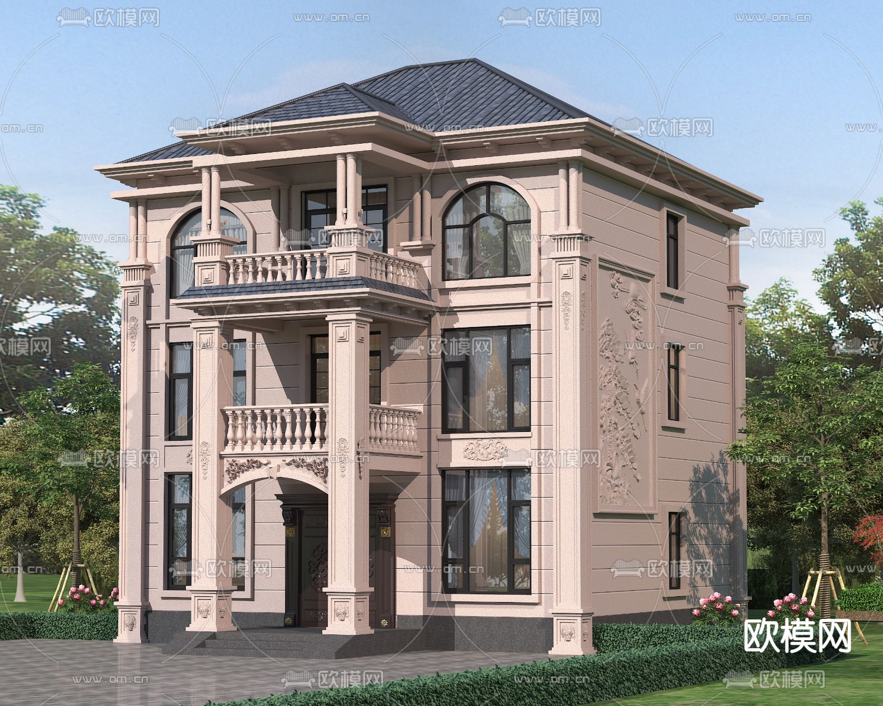 欧式别墅外观3d模型下载（渲染图1）
