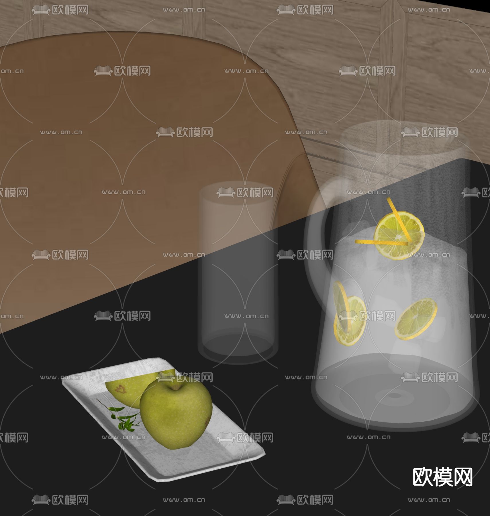 苹果 果盘 水杯su模型下载（渲染图1）