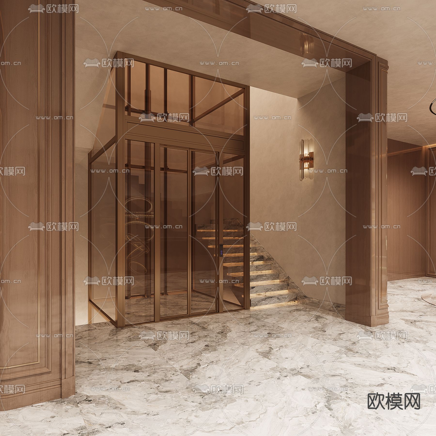 轻奢别墅客厅 别墅大堂3d模型下载（渲染图3）