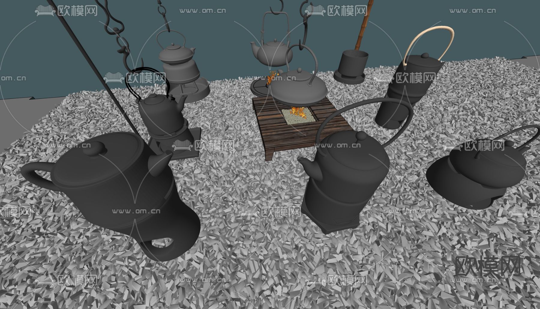 新中式茶具 围炉煮茶 茶壶 钓壶su模型下载（渲染图1）
