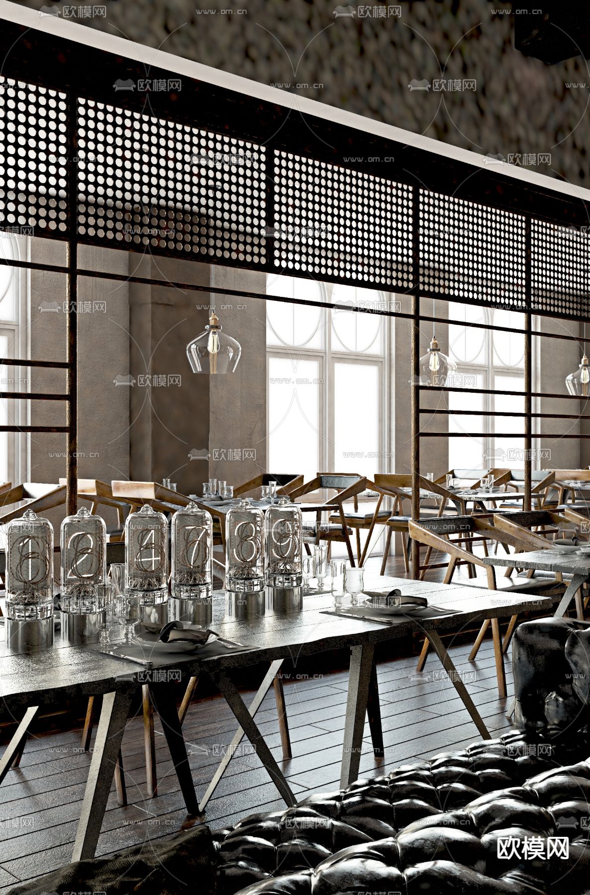 现代餐桌椅 条形桌椅3d模型下载（渲染图1）