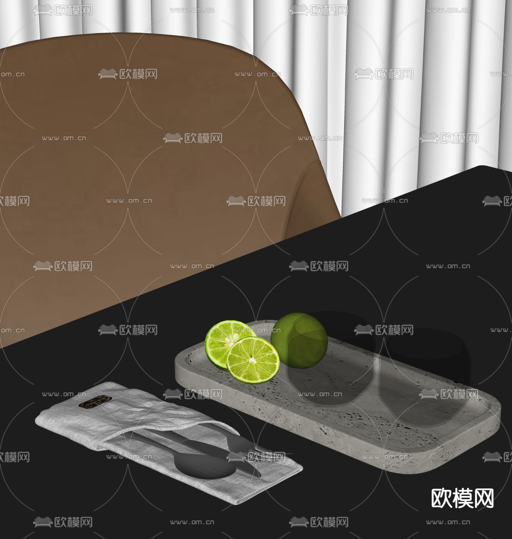 刀叉 餐具 玻璃杯 柠檬su模型下载（渲染图1）