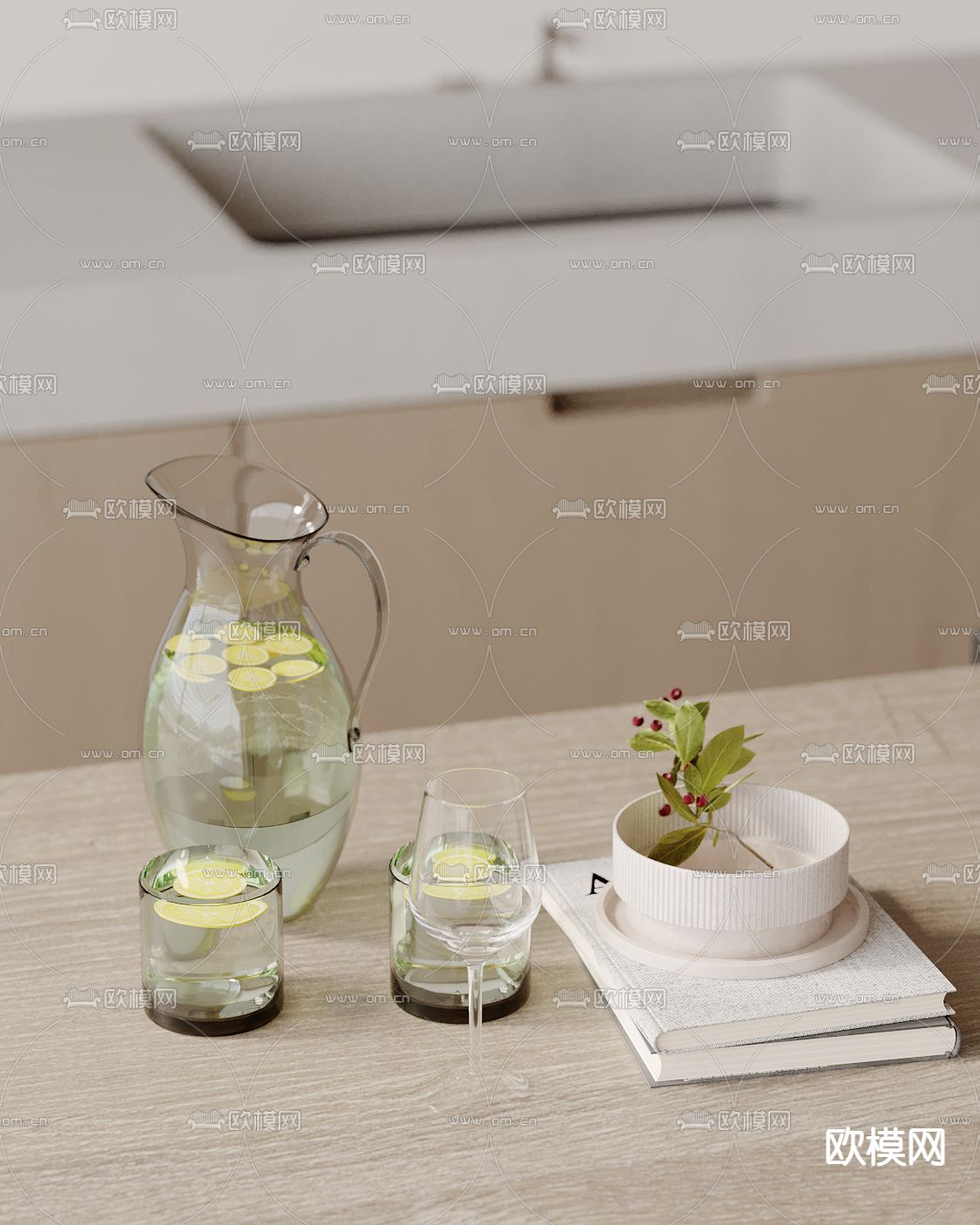 水杯 高脚杯 柠檬水su模型下载（渲染图2）