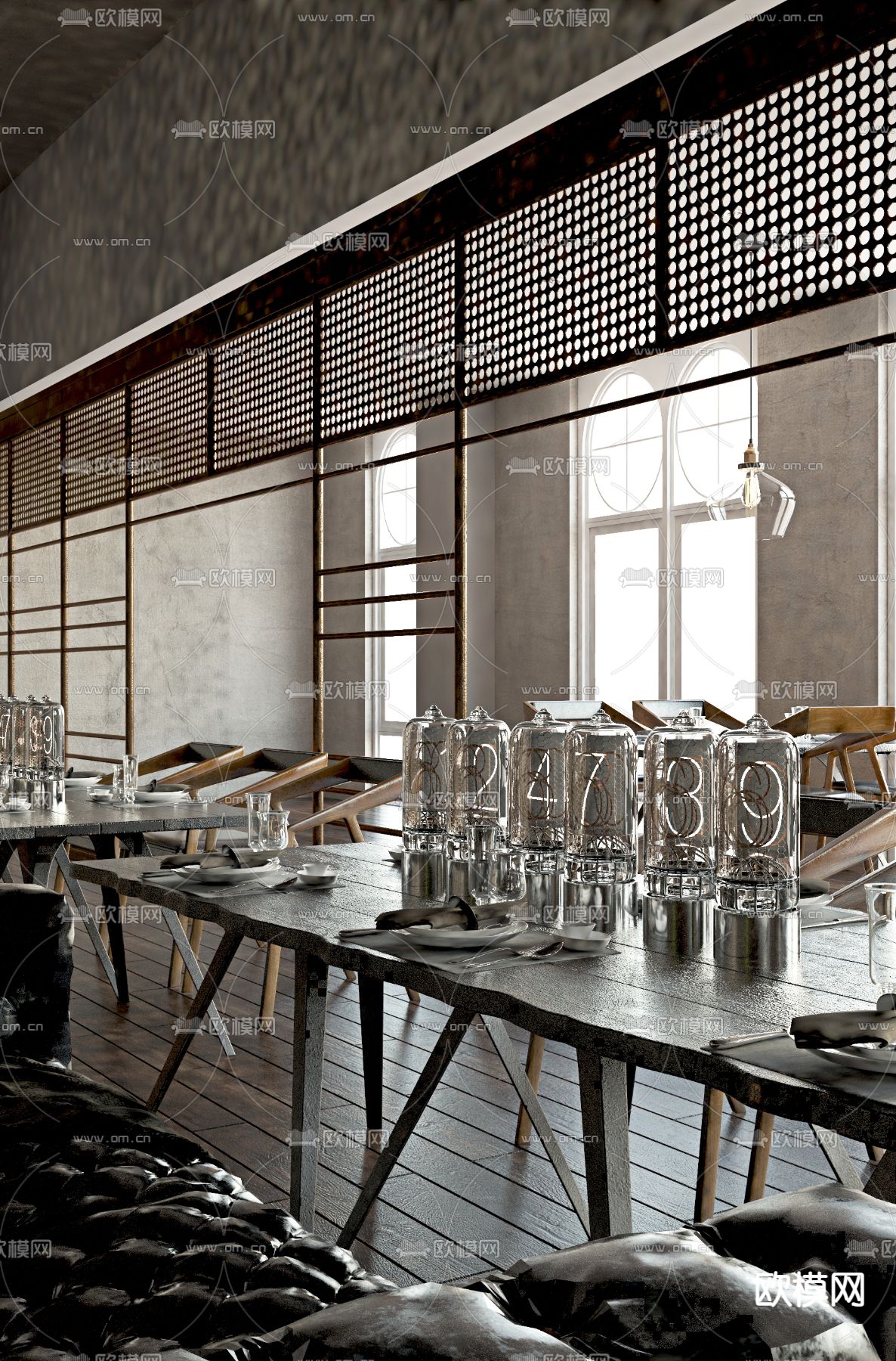 现代餐桌椅 条形桌椅3d模型下载（渲染图2）