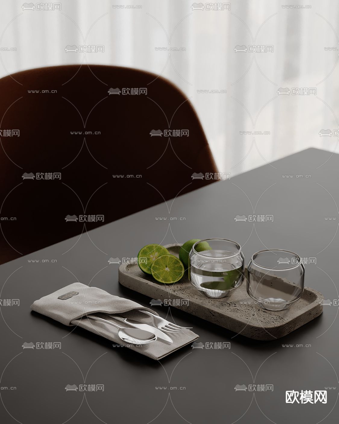 刀叉 餐具 玻璃杯 柠檬su模型下载（渲染图2）