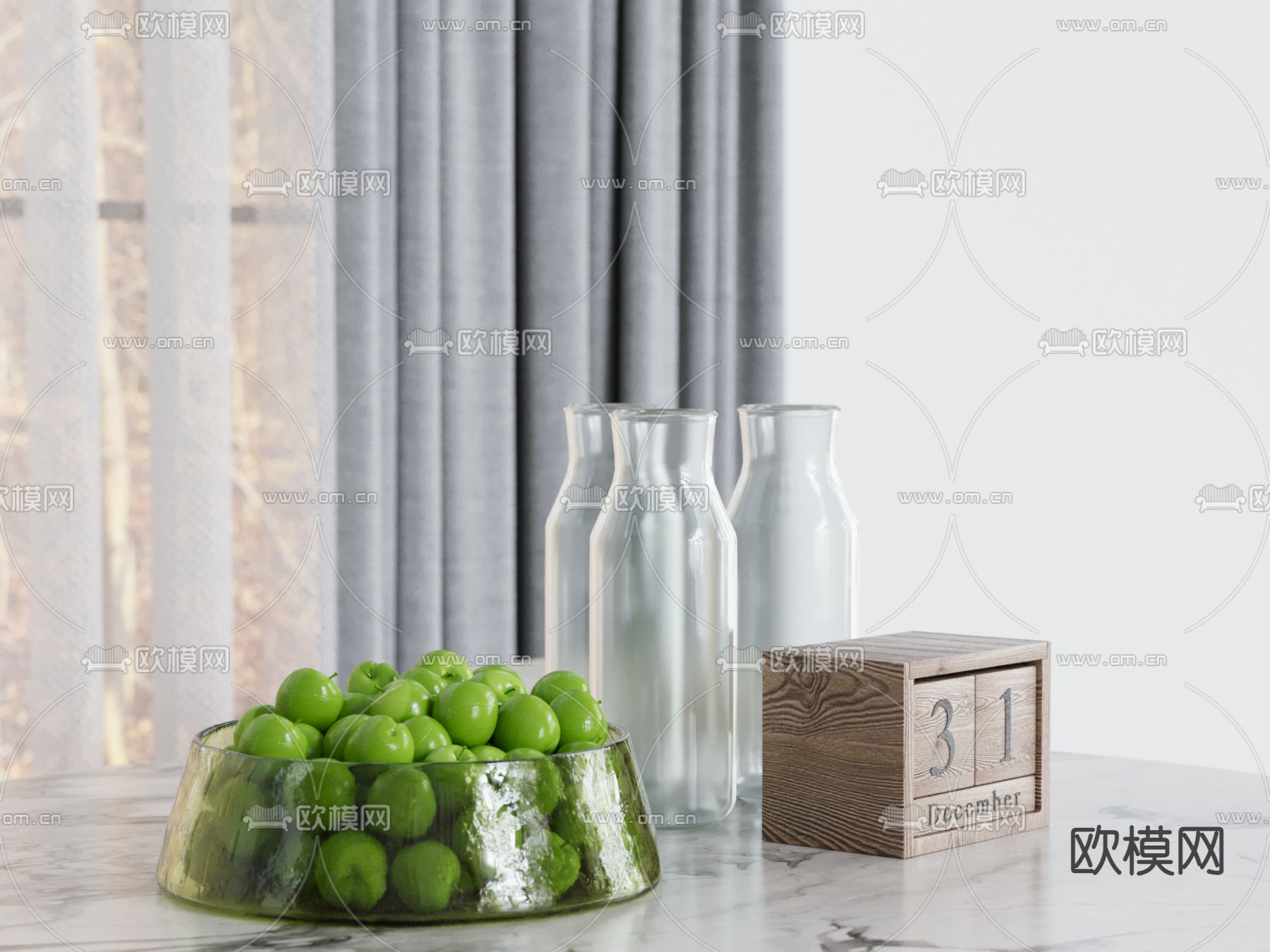果盘 李子 玻璃瓶 日历su模型下载（渲染图2）