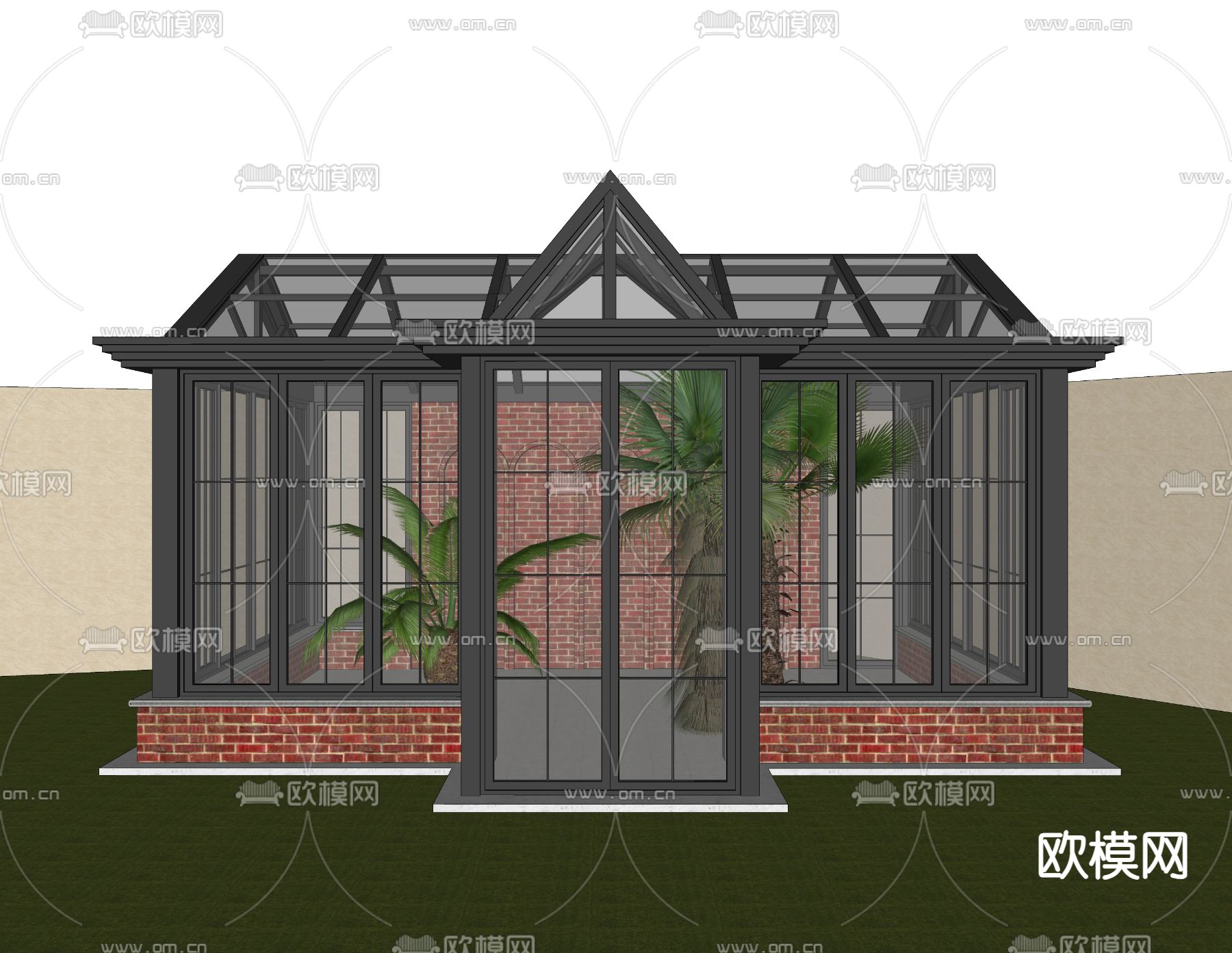 欧式阳光房 构玻璃房 花房 温室房su模型下载（渲染图1）