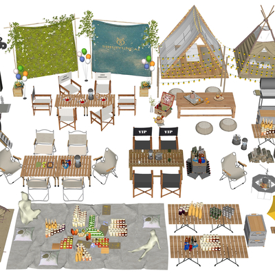  露营帐篷 露营小品 户外桌椅su模型 