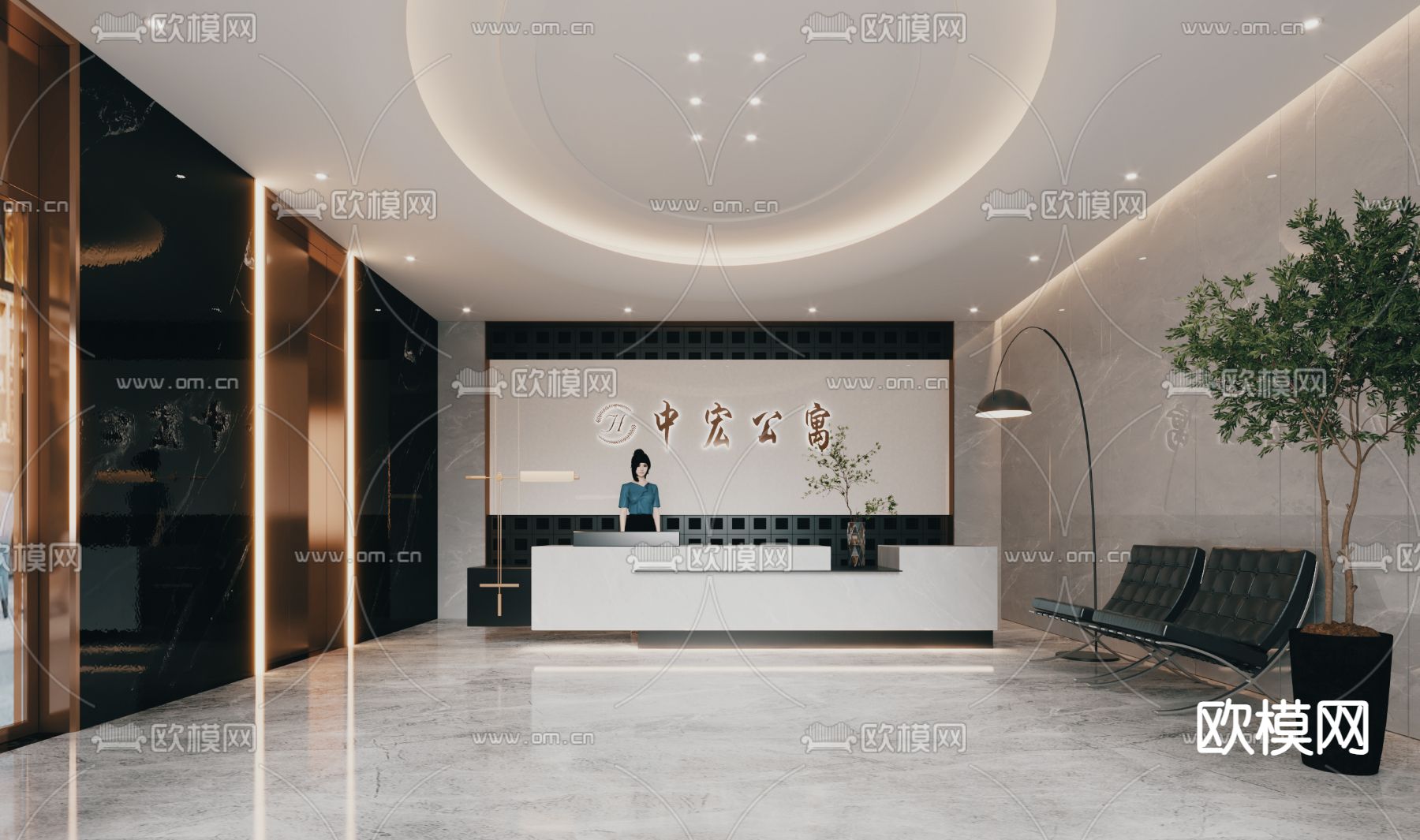 公寓前台大堂su模型下载（渲染图2）