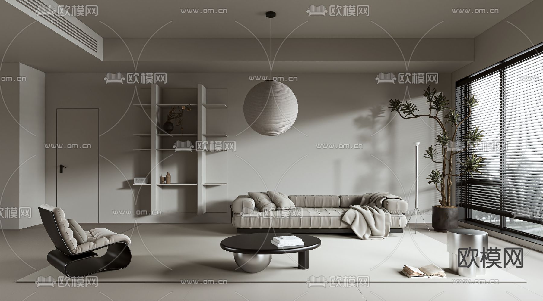 高级灰客厅3d模型下载