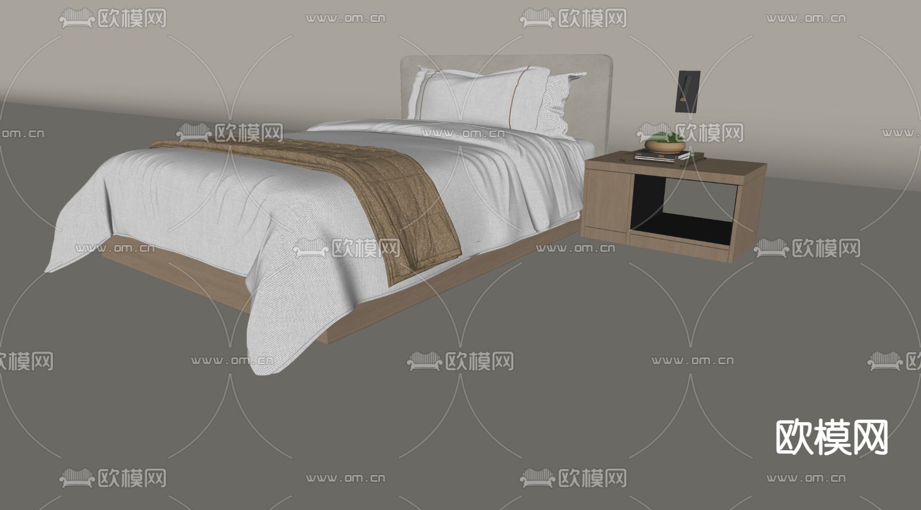 现代酒店单人床su模型下载（渲染图1）