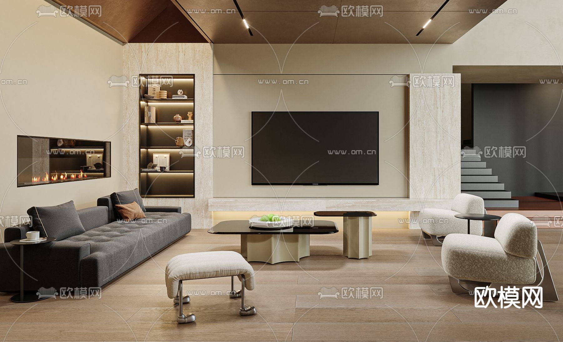 轻奢别墅大堂3d模型下载（渲染图2）