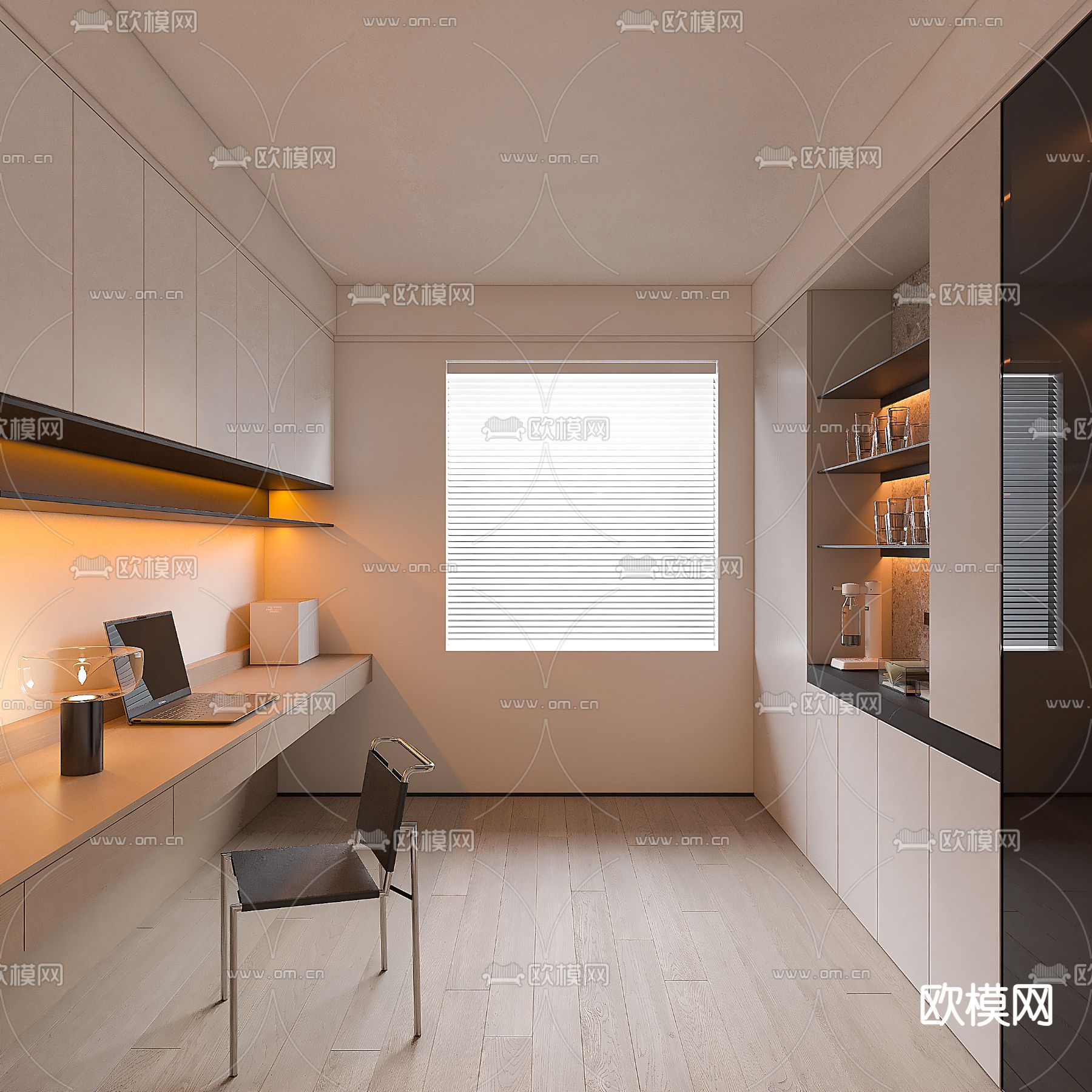 奶油风书房su模型下载（渲染图2）