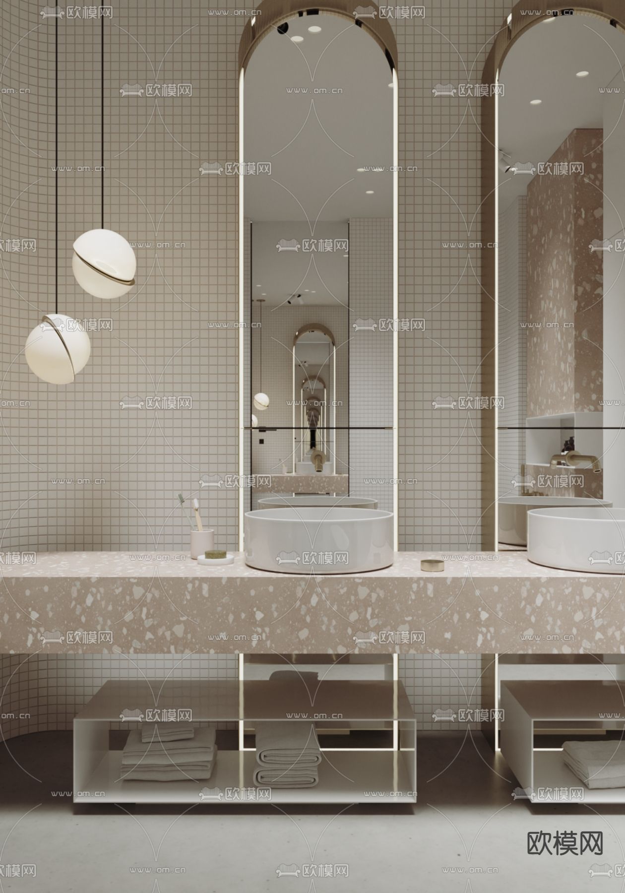 奶油风洗手台 双人洗手盆3d模型下载（渲染图1）