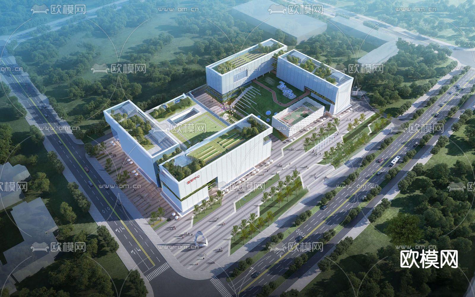 产业园鸟瞰 空中绿化su模型下载（渲染图2）