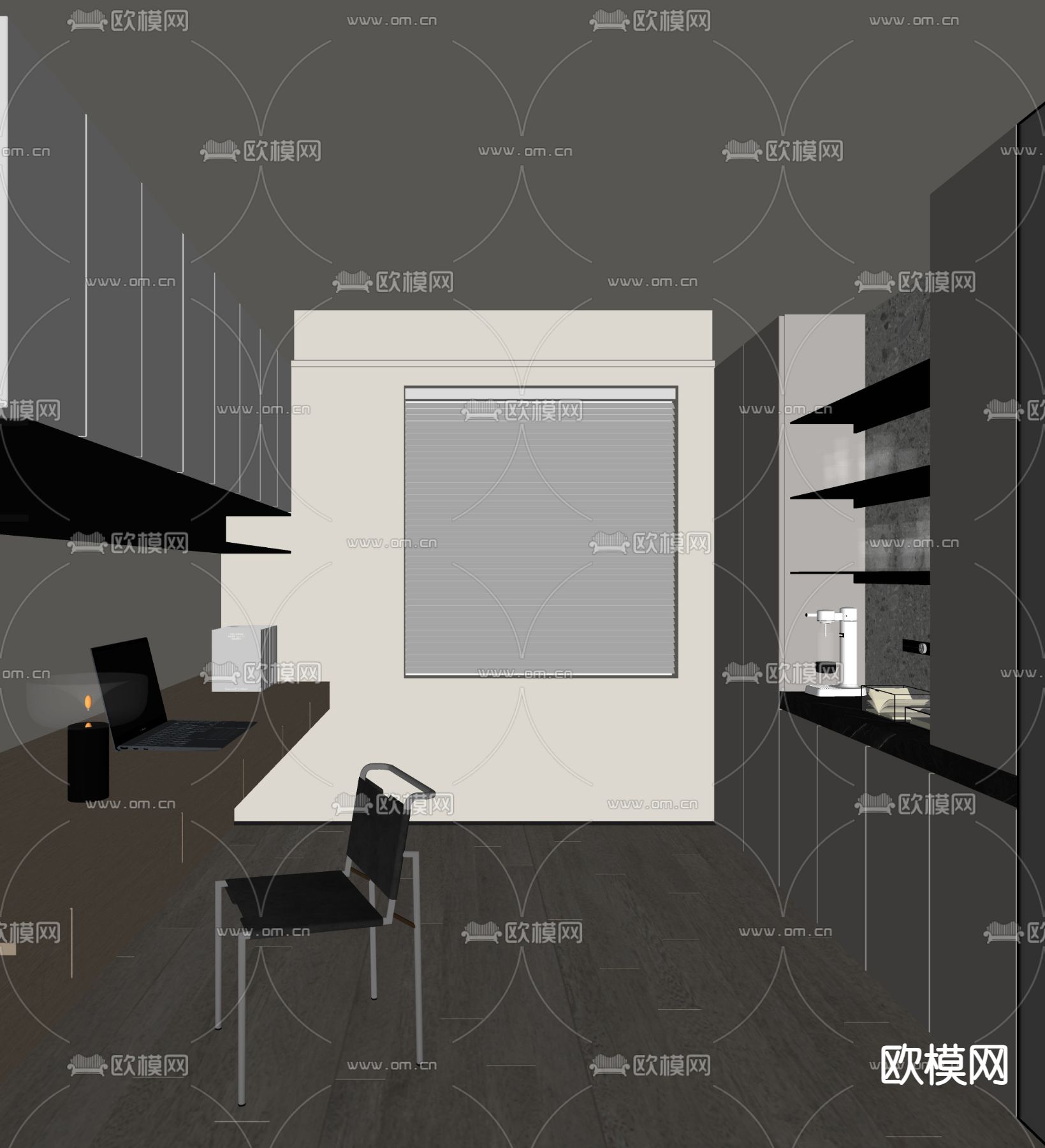 奶油风书房su模型下载（渲染图1）