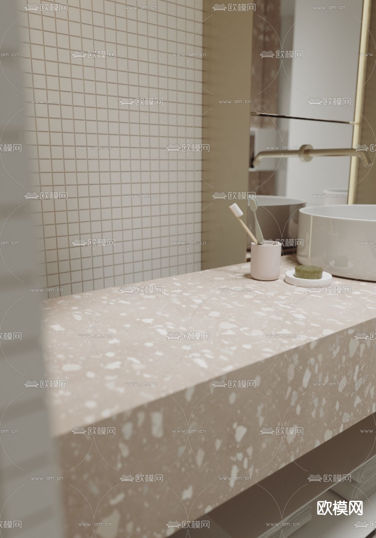 奶油风洗手台 双人洗手盆3d模型下载（渲染图2）