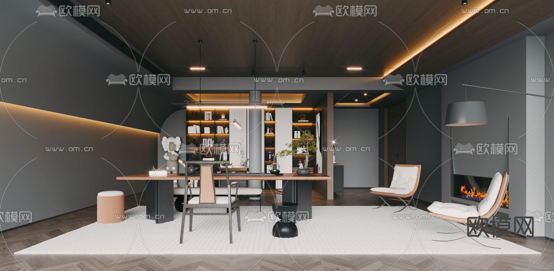 暗黑风办公室 总经理室su模型下载（渲染图2）