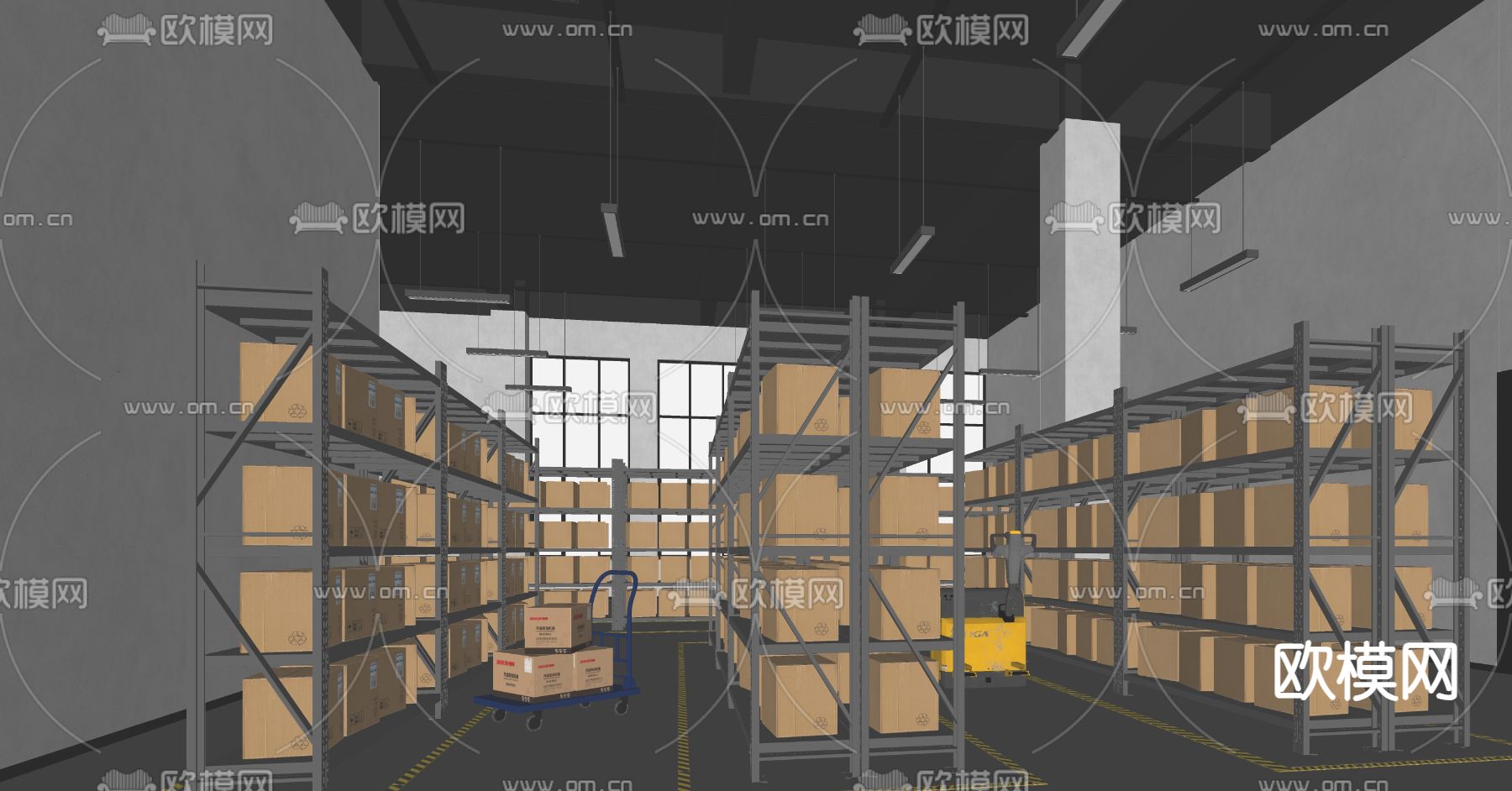现代工厂仓库 货架su模型下载（渲染图1）