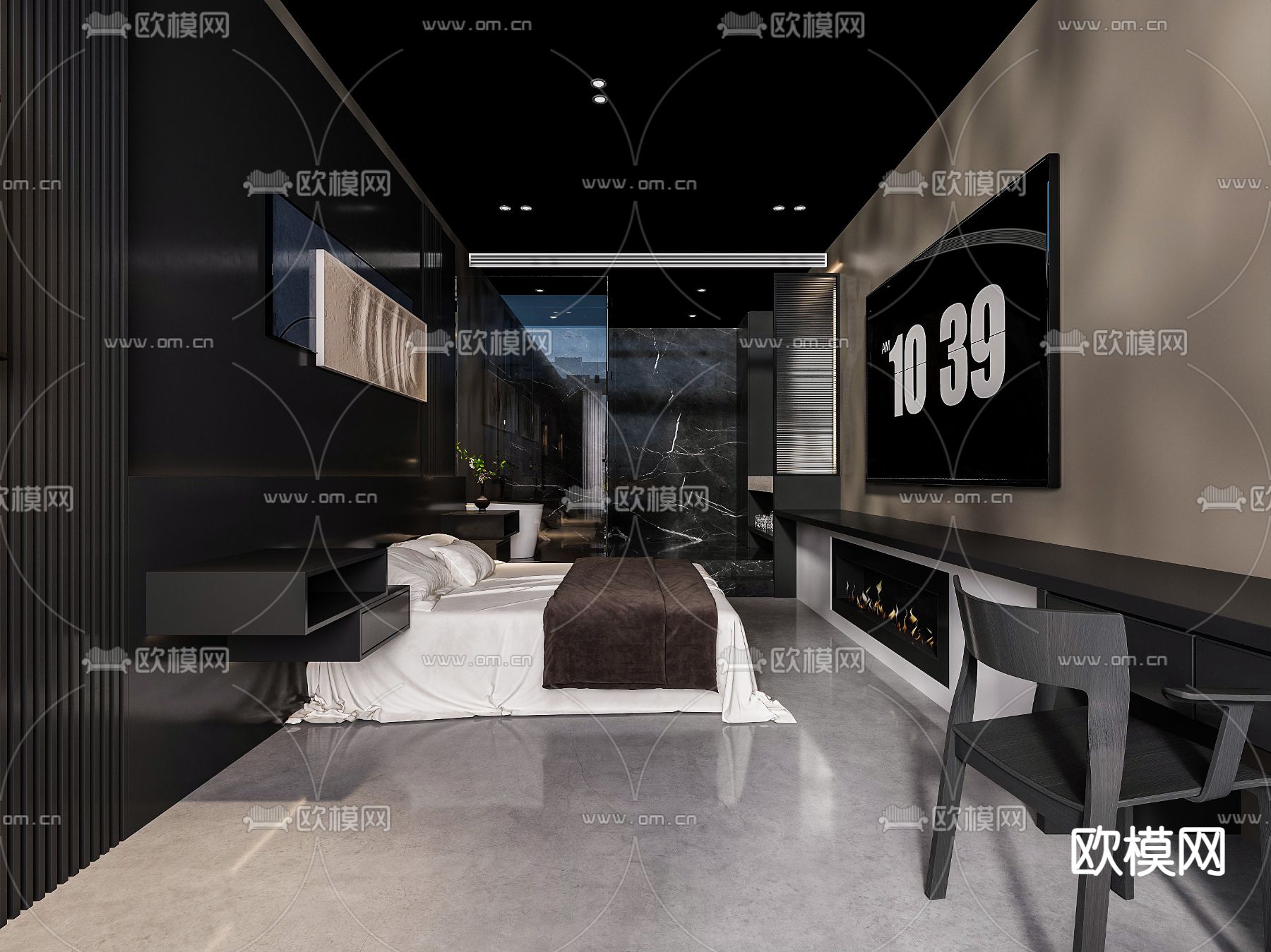暗黑风酒店客房 大床房3d模型下载（渲染图1）