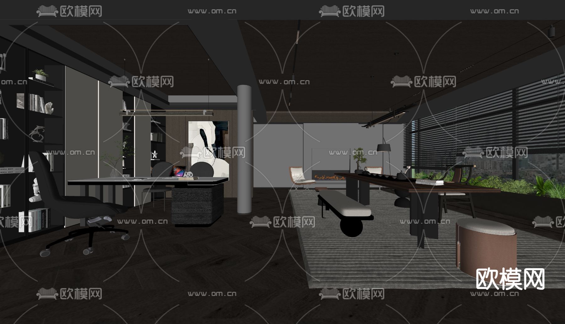 暗黑风办公室 总经理室su模型下载（渲染图4）