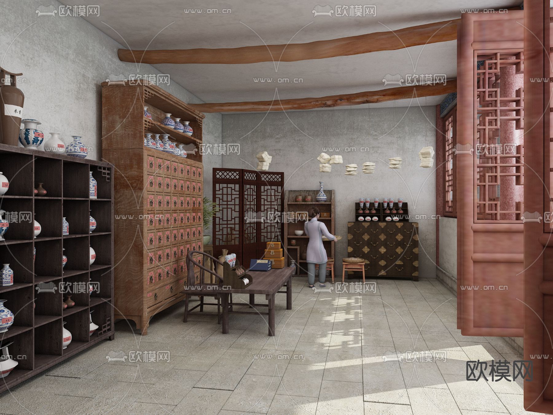 中式药房 中药铺su模型下载（渲染图2）