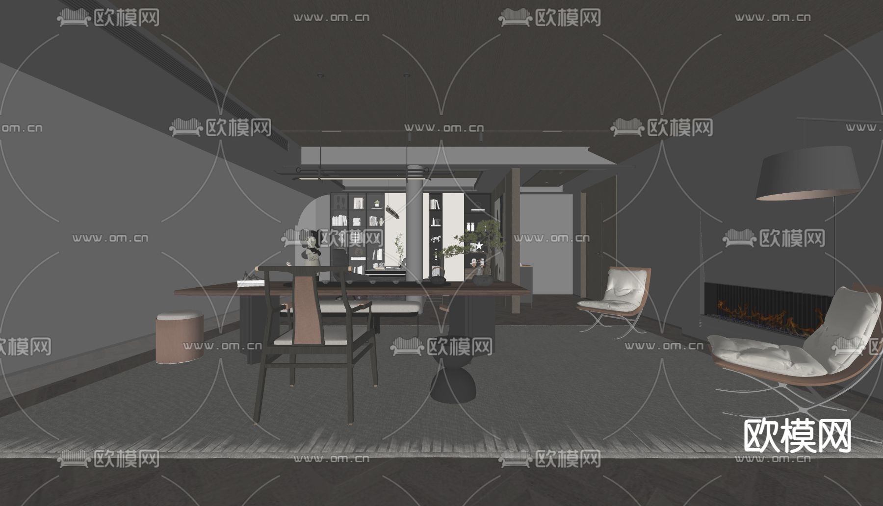暗黑风办公室 总经理室su模型下载（渲染图1）