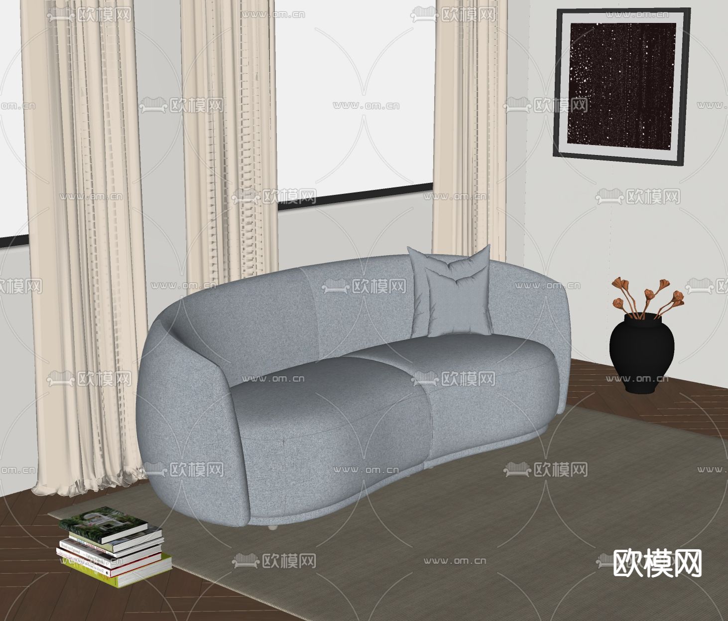 奶油风双人沙发su模型下载（渲染图1）