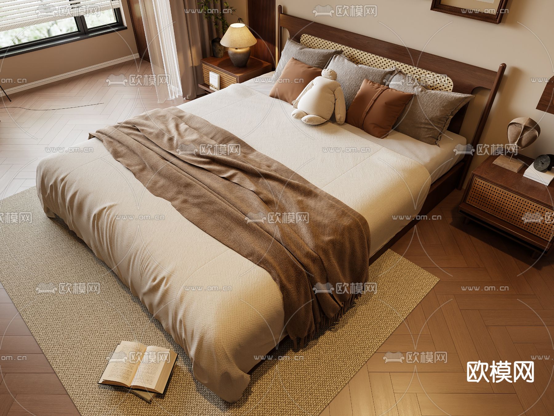 中古风双人床su模型下载（渲染图2）