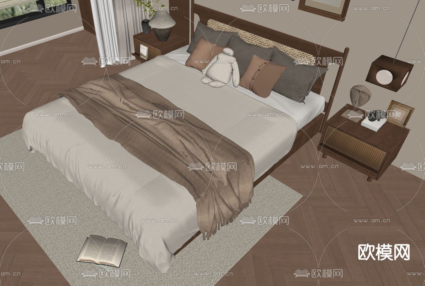 中古风双人床su模型下载（渲染图1）