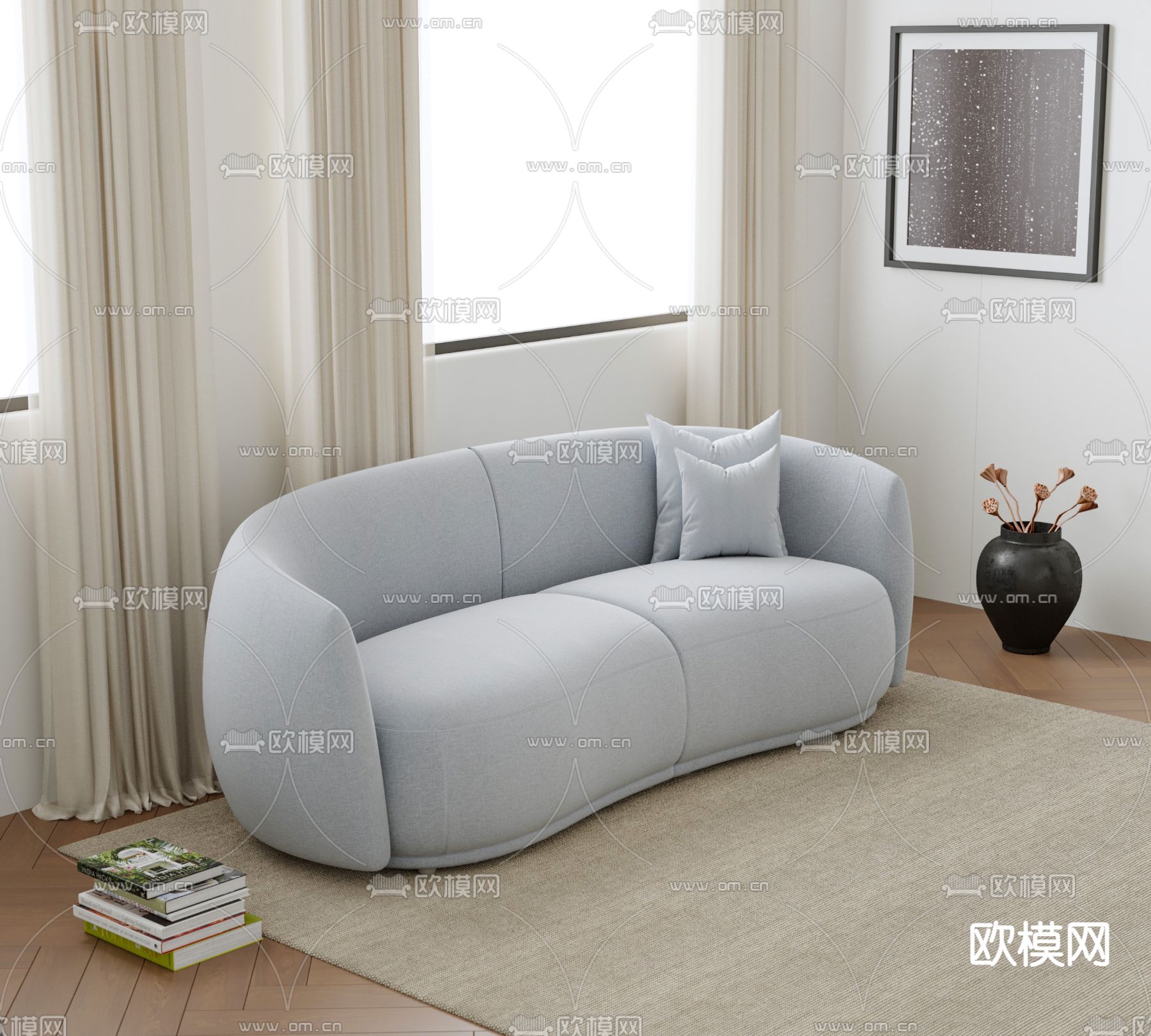 奶油风双人沙发su模型下载（渲染图2）