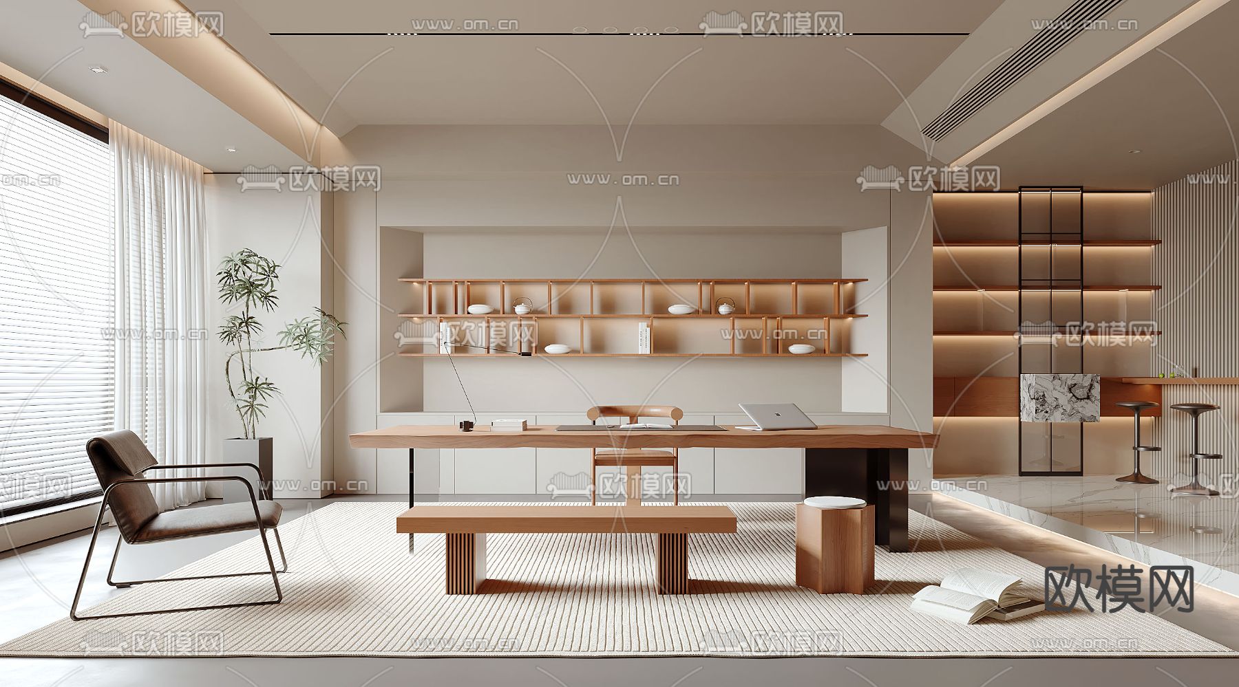 原木风书房3d模型下载