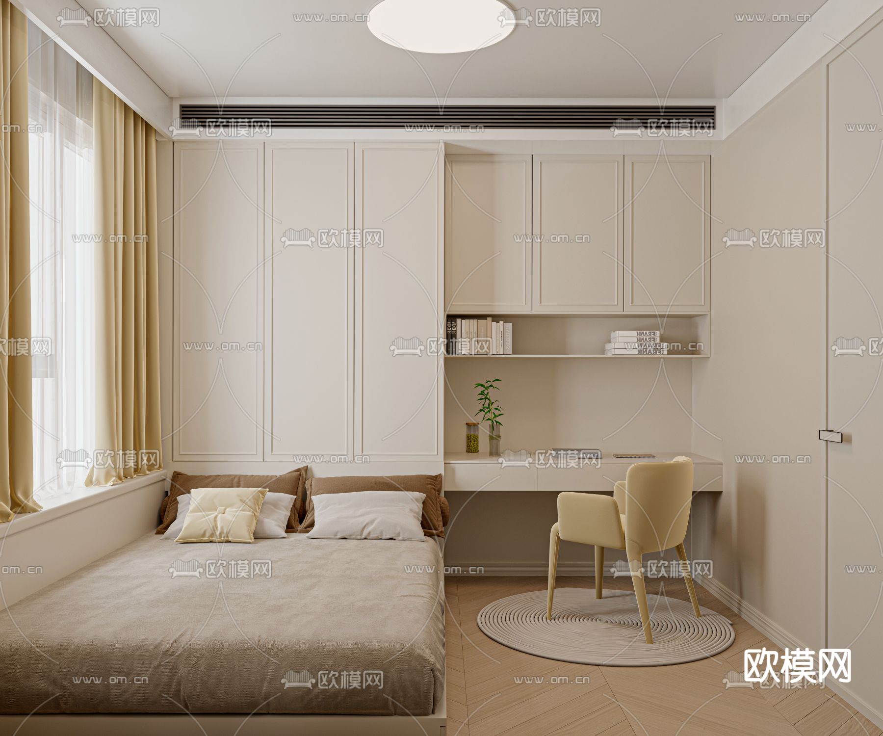 奶油风 榻榻米卧室 多功能房3d模型下载