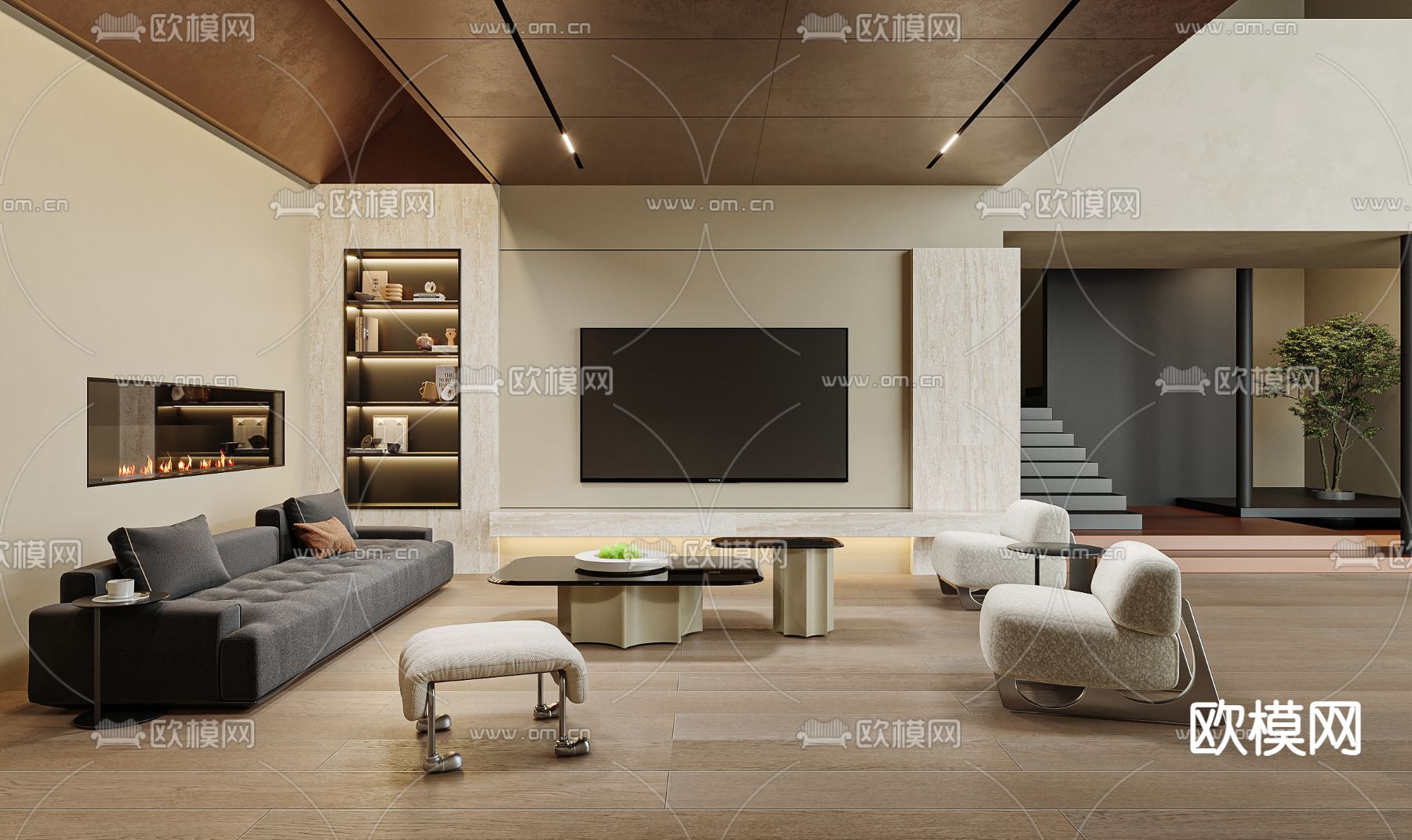 轻奢别墅大堂3d模型下载（渲染图1）