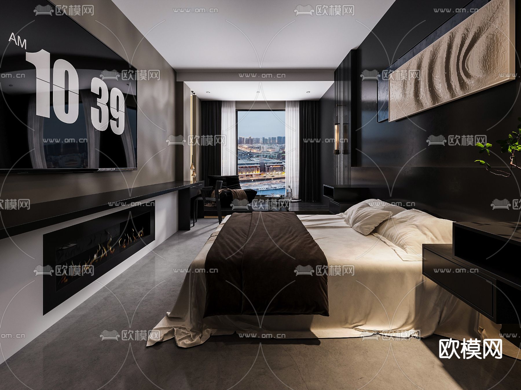 暗黑风酒店客房 大床房3d模型下载（渲染图2）