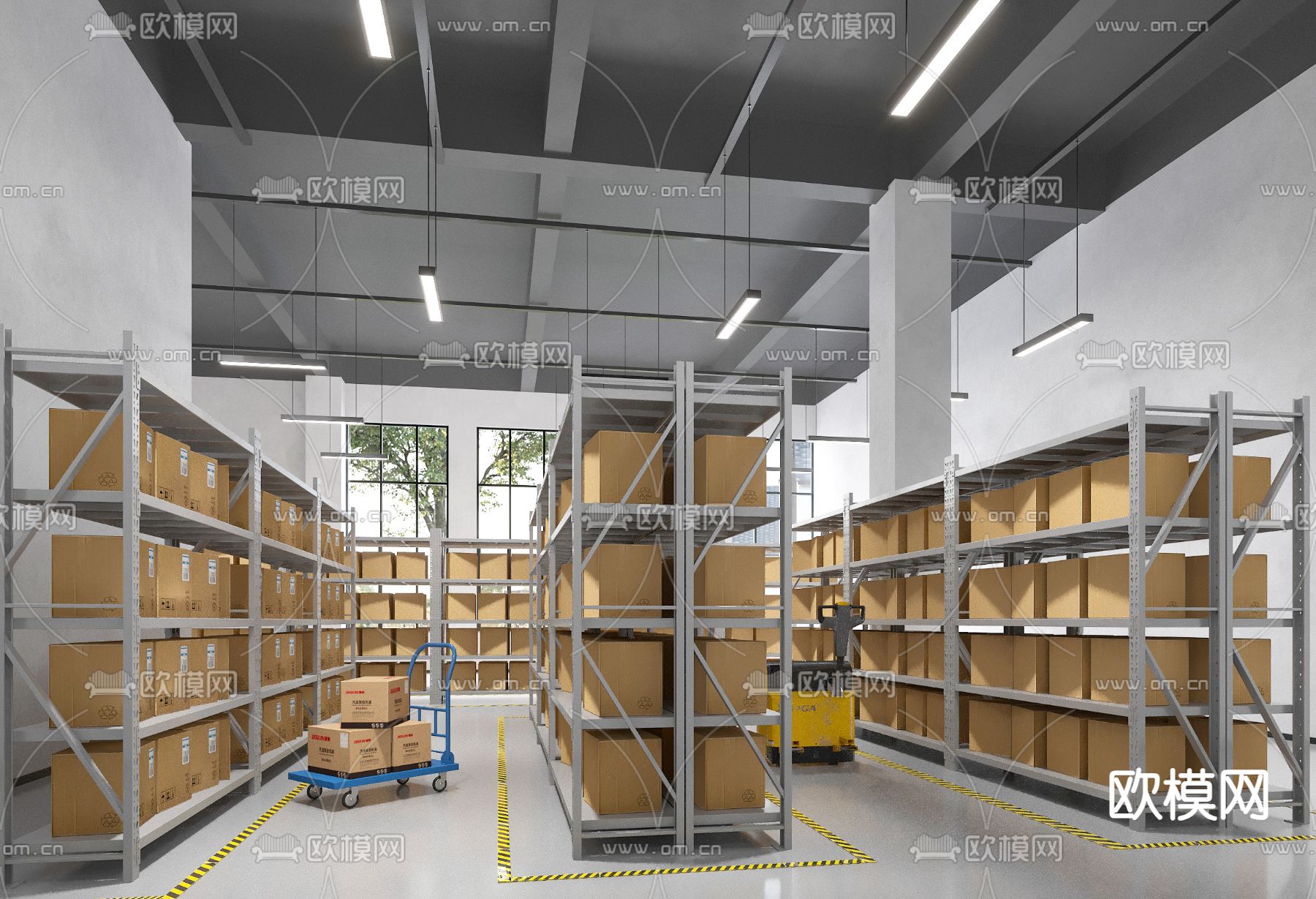 现代工厂仓库 货架su模型下载（渲染图2）
