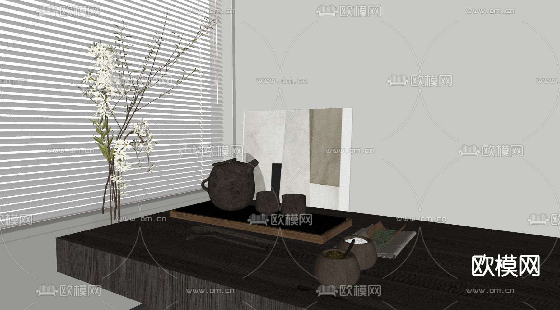 新中式茶托盘 茶具 茶海su模型下载（渲染图1）