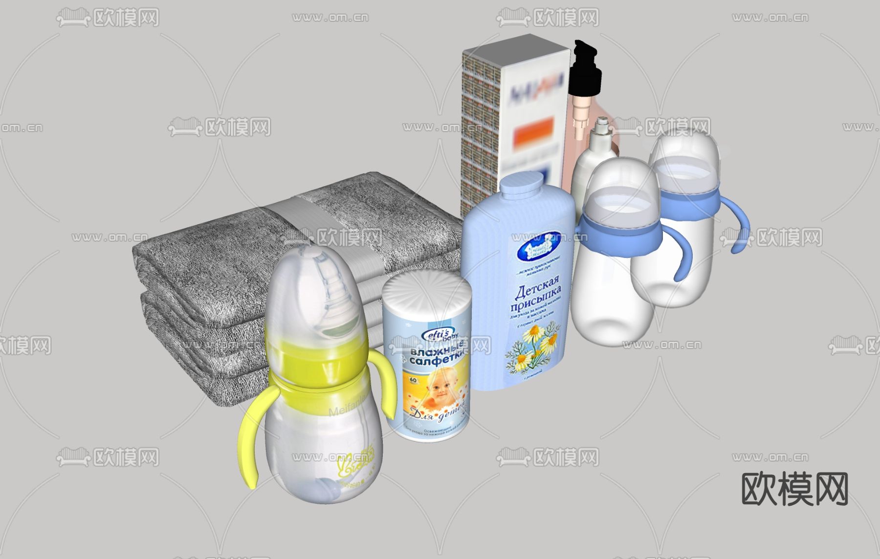 母婴用品 奶瓶奶嘴 毛巾 沐浴露su模型下载（渲染图1）