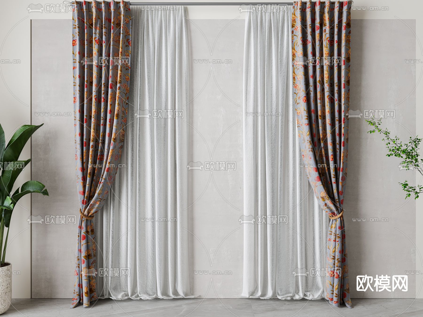 美式窗帘 窗纱3d模型下载