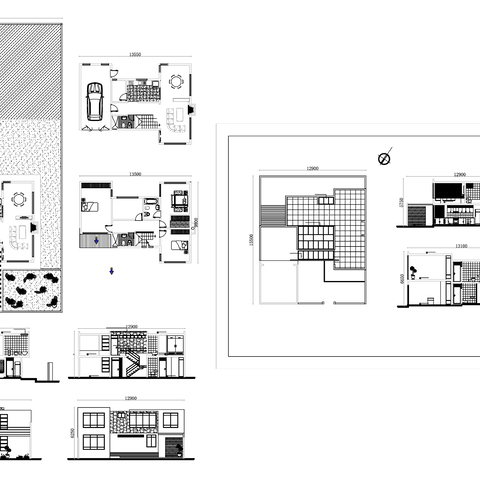  现代二层洋房cad三视图 
