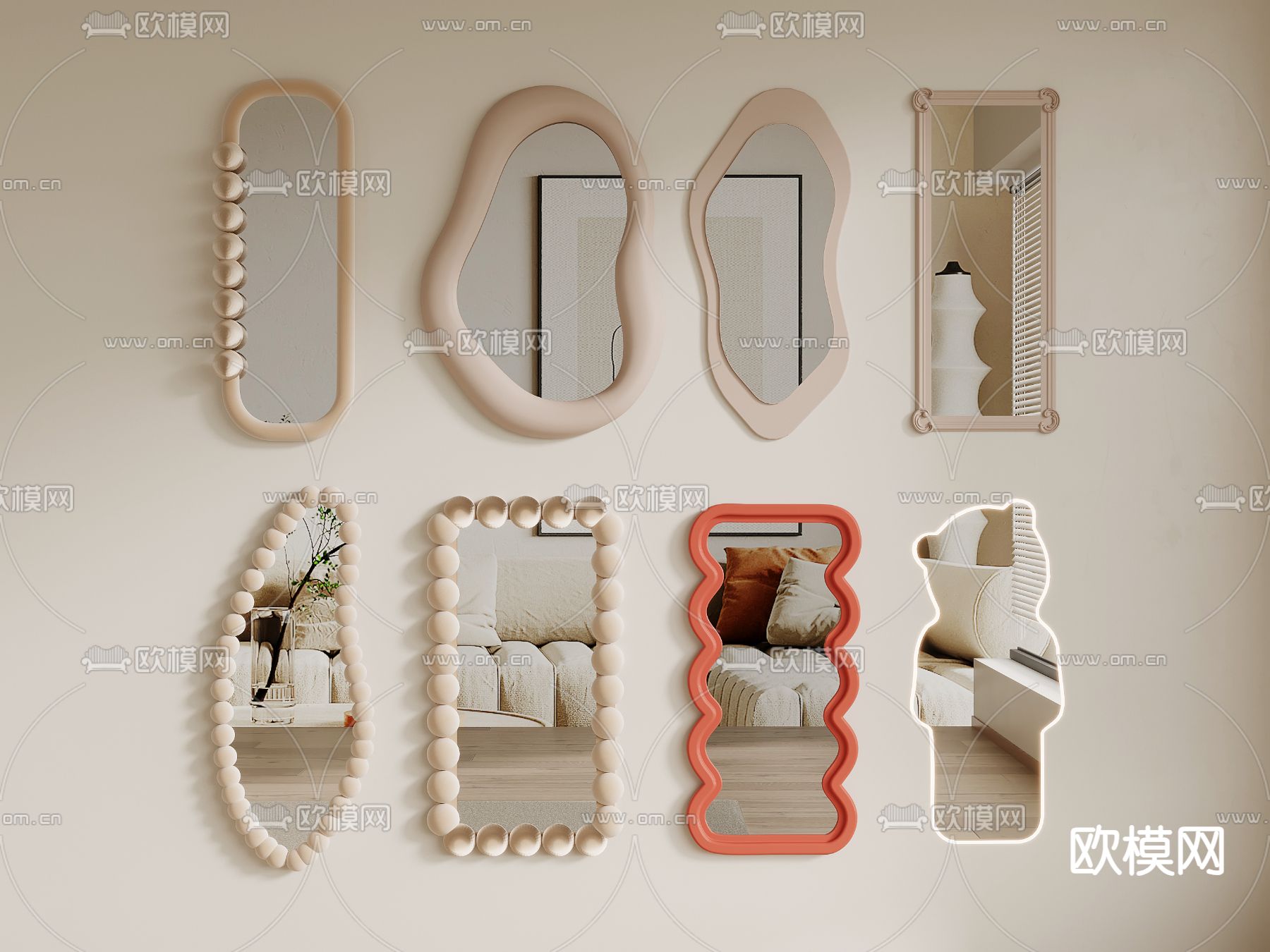 奶油风全身镜 穿衣镜 艺术镜子su模型下载（渲染图2）