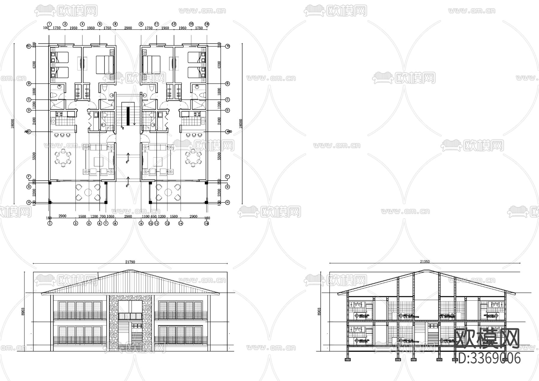 两层住宅公寓cad三视图下载