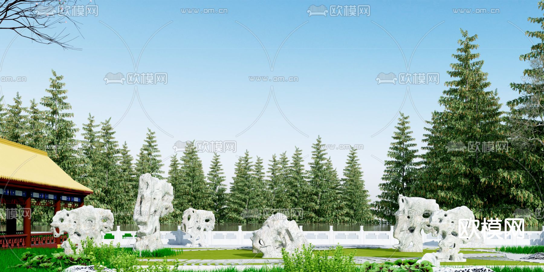 新中式 公园景观 假山小品3d模型下载