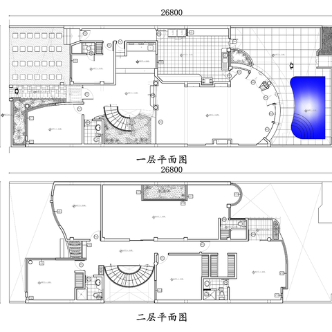  两层游泳池房cad平面图 