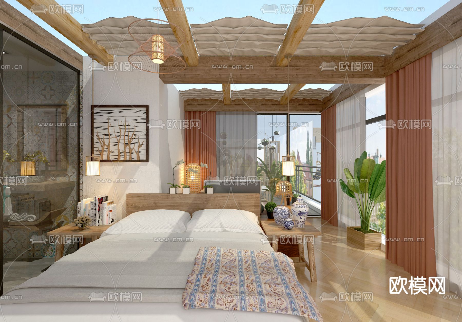 现代民宿卧室免费3d模型下载（渲染图2）